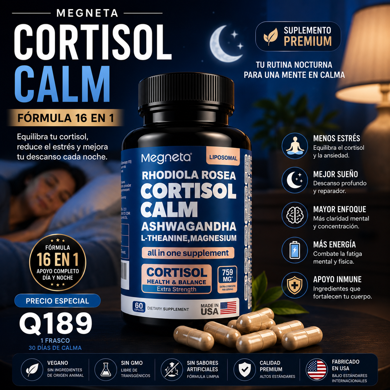 MEGNETA CORTISOL CALM 16 EN 1 X60 — CALMA, ENFOQUE Y DESCANSO 😌🌙⚡