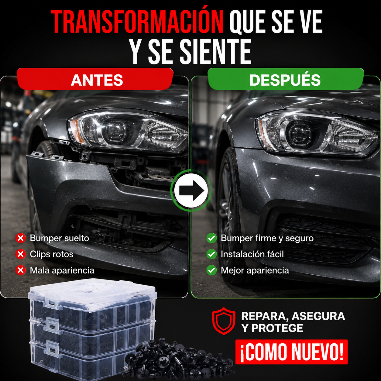 KIT 620 CLIPS PARA AUTO - REPARA BUMPERS, LODERAS Y TAPICERÍA 🚗⚡ ENVÍO GRATIS