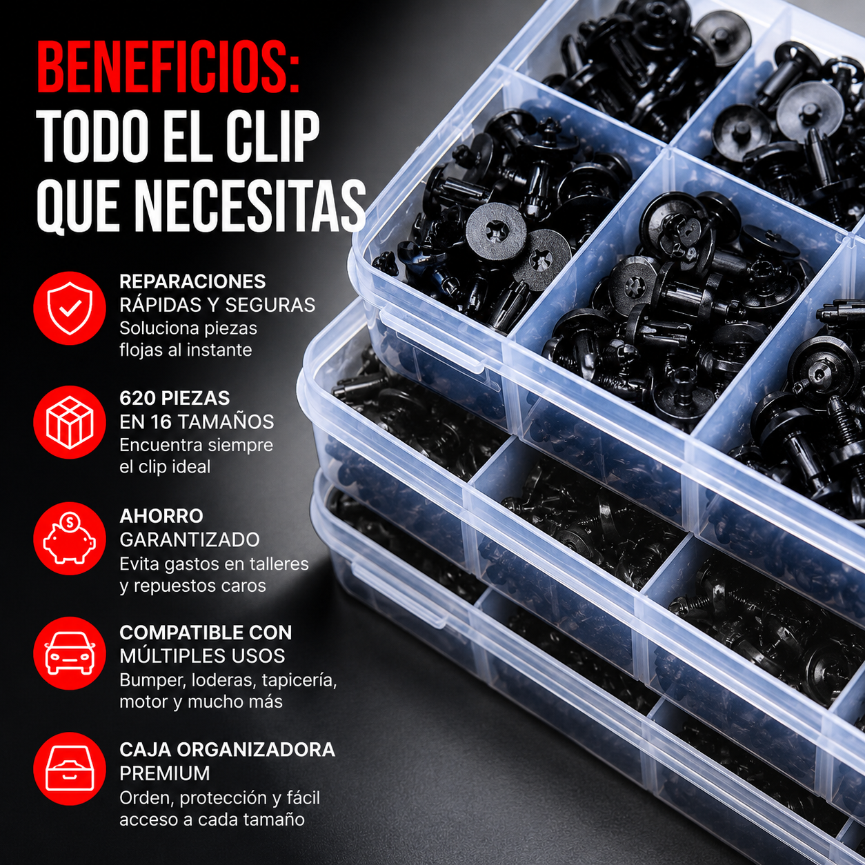 KIT 620 CLIPS PARA AUTO - REPARA BUMPERS, LODERAS Y TAPICERÍA 🚗⚡ ENVÍO GRATIS