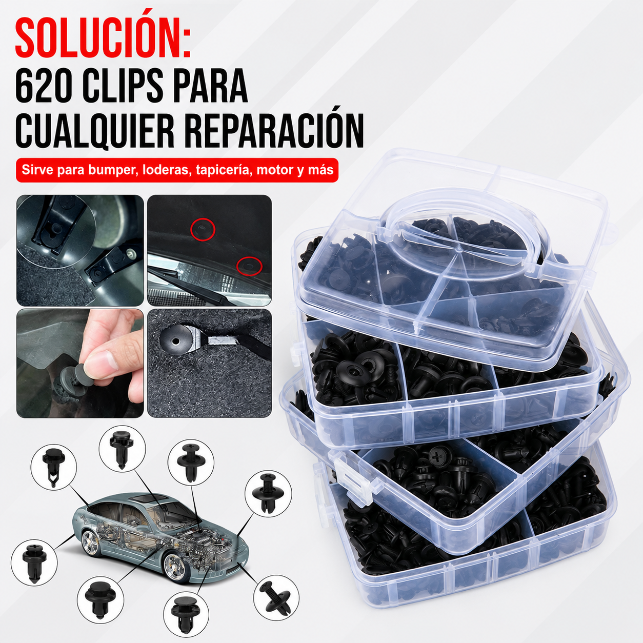 KIT 620 CLIPS PARA AUTO - REPARA BUMPERS, LODERAS Y TAPICERÍA 🚗⚡ ENVÍO GRATIS