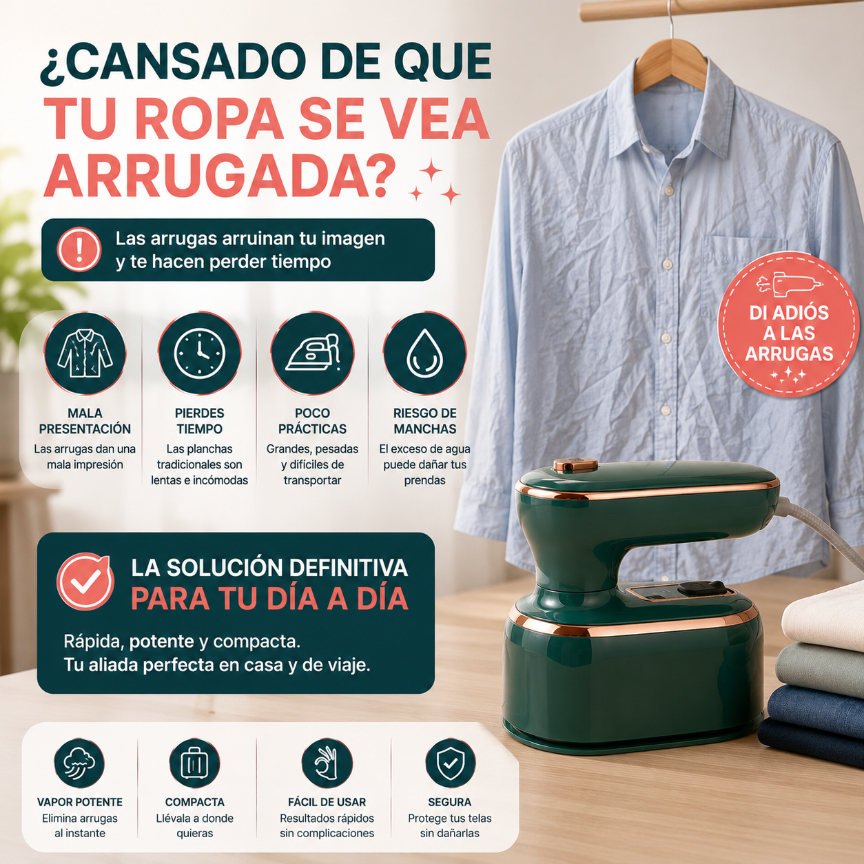 PLANCHA VAPOR SMARTTRAVEL™ 2 EN 1 - ROPA SIN ARRUGAS EN MINUTOS + ENVÍO GRATIS 🚚✨