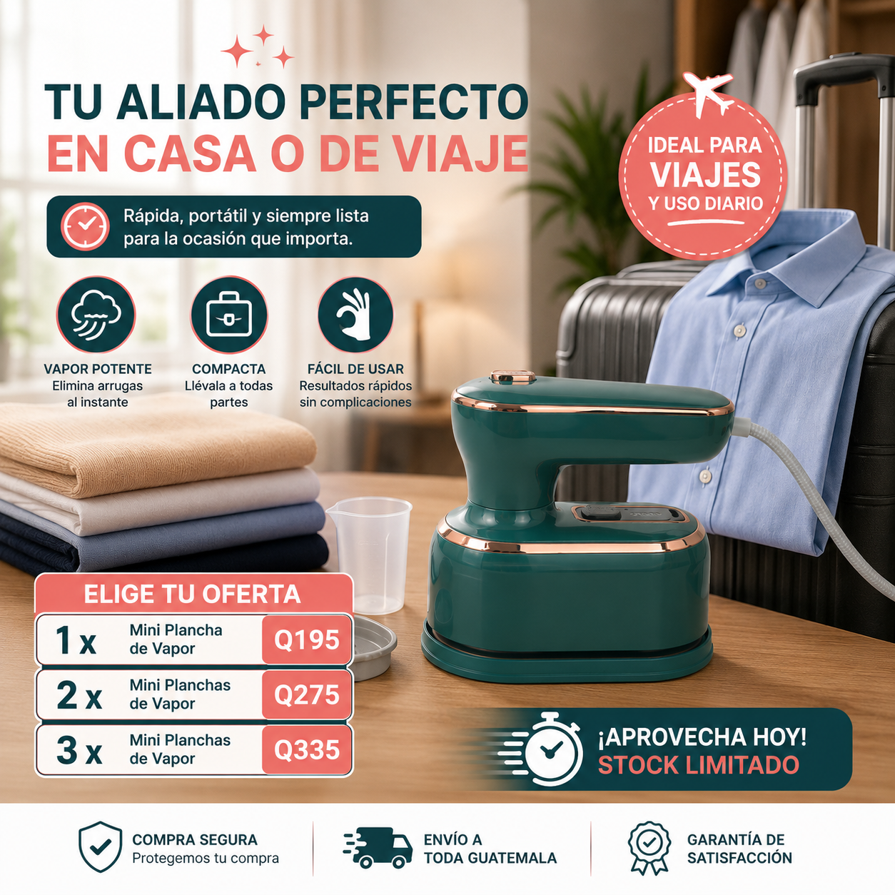 PLANCHA VAPOR SMARTTRAVEL™ 2 EN 1 - ROPA SIN ARRUGAS EN MINUTOS + ENVÍO GRATIS 🚚✨