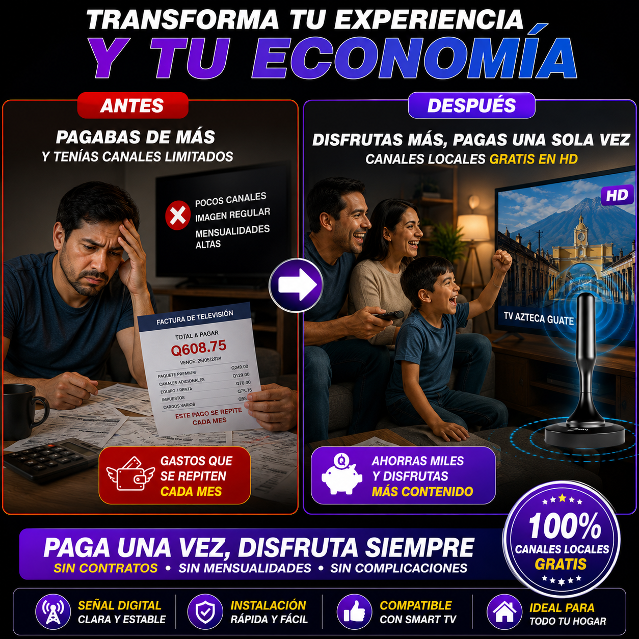 ANTENA INALÁMBRICA PARA SMART TV HD 📺⚡ CANALES GRATIS EN HD + AHORRA MILES AL AÑO 💸