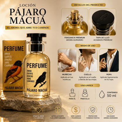 ✨ LOCIÓN PÁJARO MACUÁ – Amor, Suerte y Fortuna 🍀❤️ | Abre Caminos con Envío Gratis 🚚