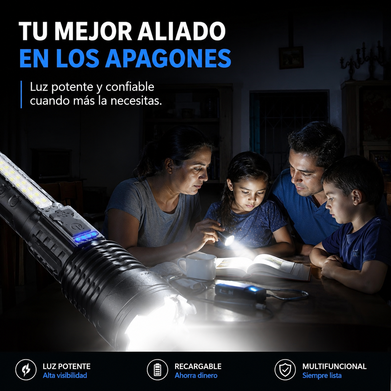 LINTERNA MULTIFUNCIONAL RECARGABLE ⚡🔦 | ILUMINA, CARGA Y PROTÉGETE EN CUALQUIER APAGÓN 🚨