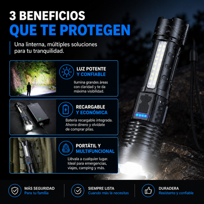 LINTERNA MULTIFUNCIONAL RECARGABLE ⚡🔦 | ILUMINA, CARGA Y PROTÉGETE EN CUALQUIER APAGÓN 🚨