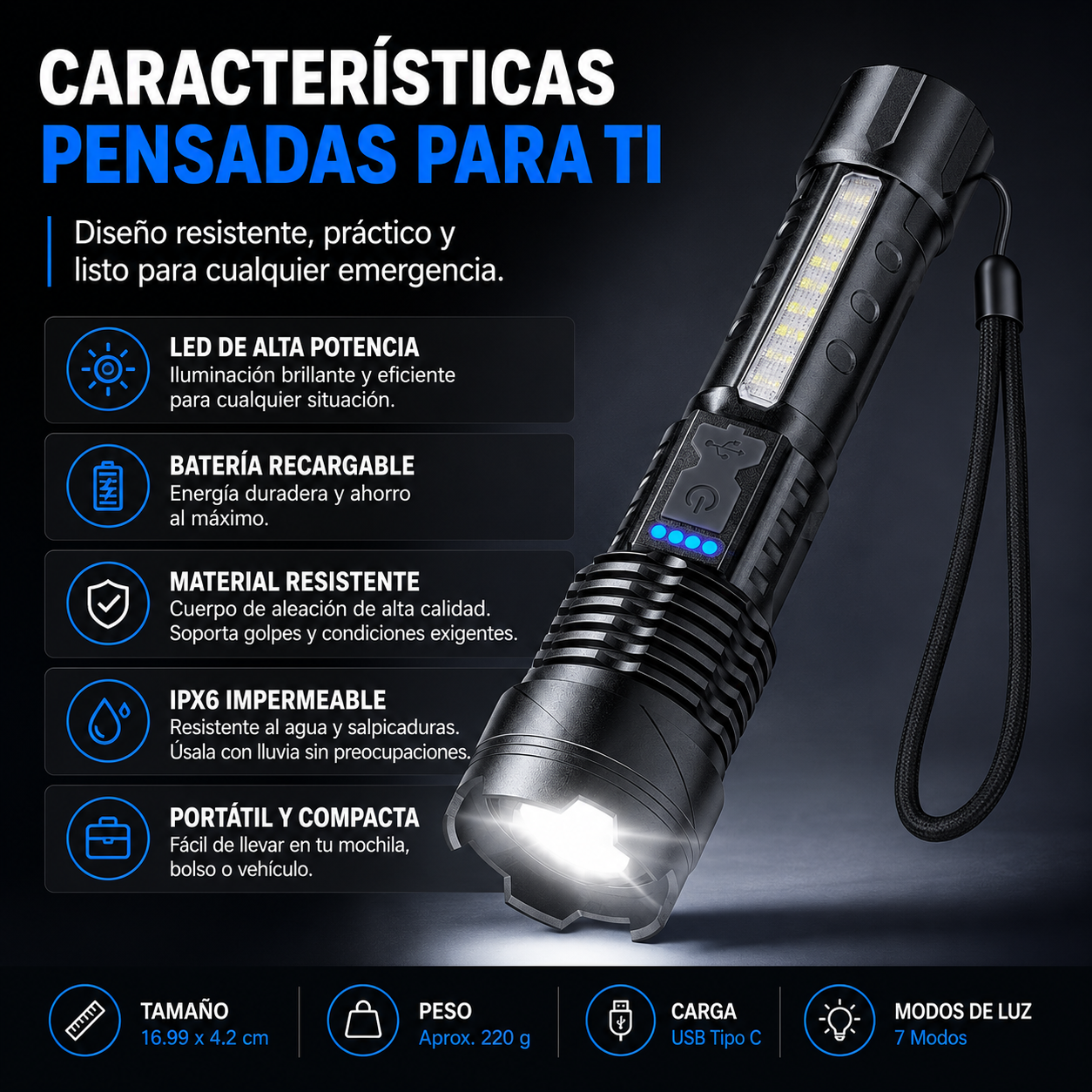 LINTERNA MULTIFUNCIONAL RECARGABLE ⚡🔦 | ILUMINA, CARGA Y PROTÉGETE EN CUALQUIER APAGÓN 🚨