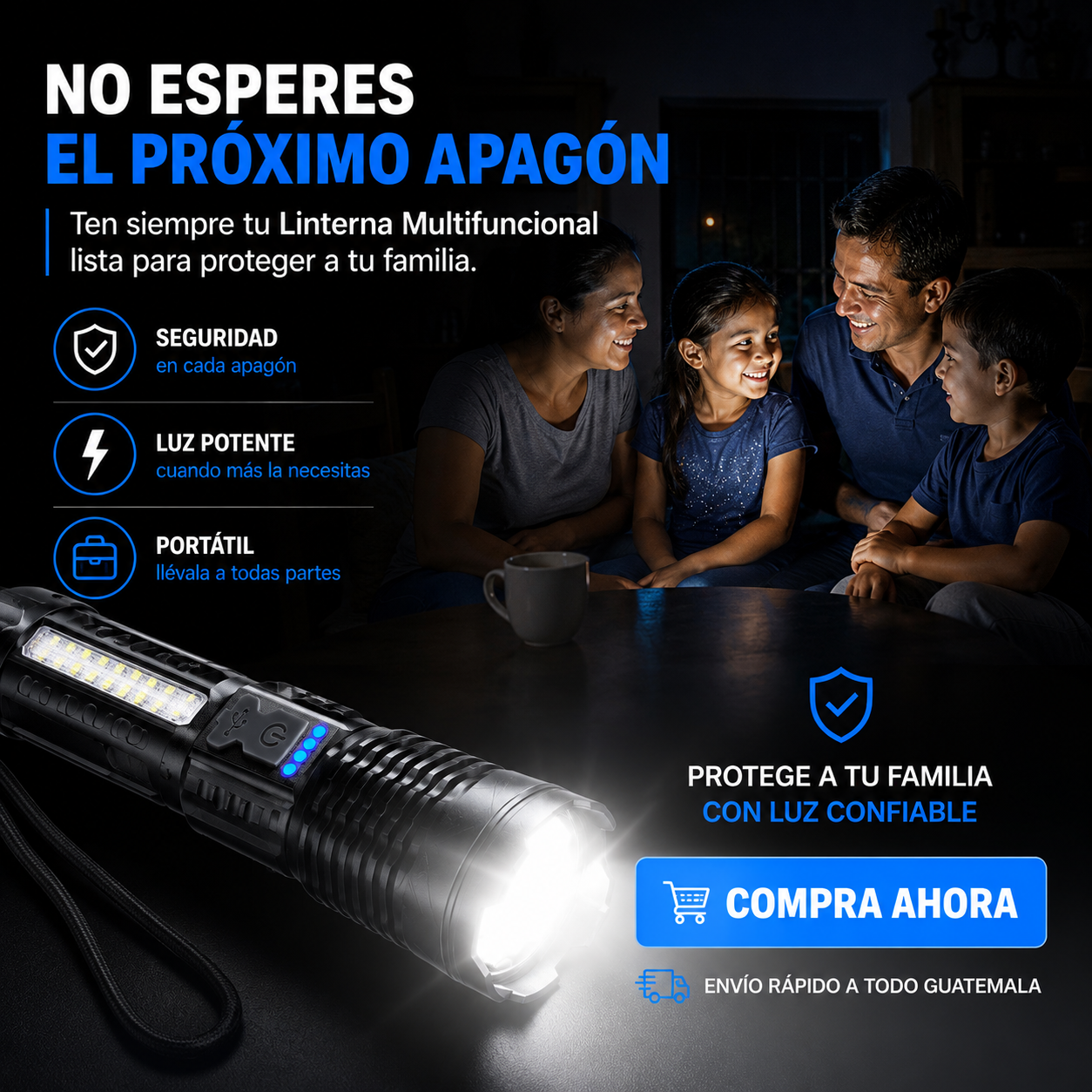 LINTERNA MULTIFUNCIONAL RECARGABLE ⚡🔦 | ILUMINA, CARGA Y PROTÉGETE EN CUALQUIER APAGÓN 🚨