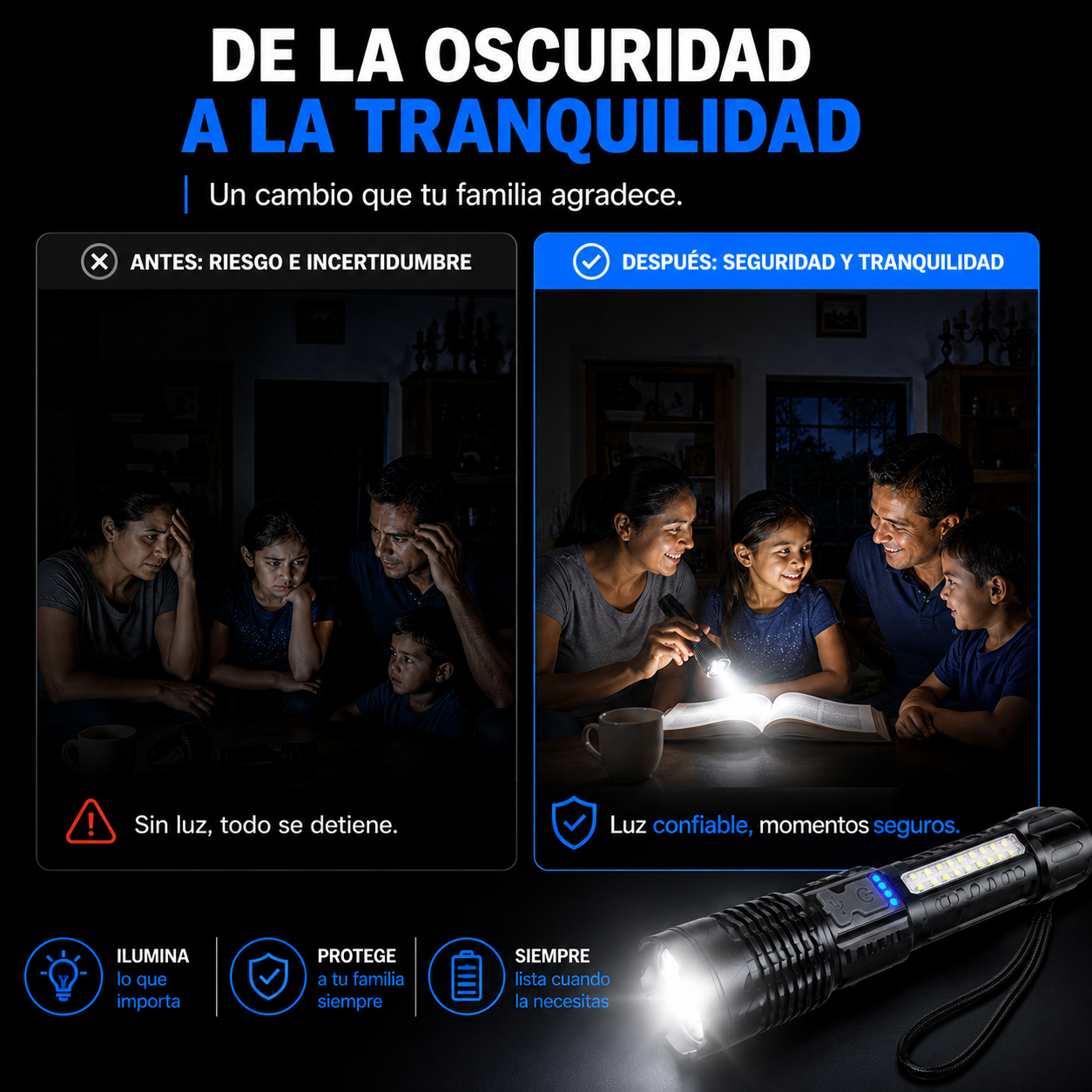 LINTERNA MULTIFUNCIONAL RECARGABLE ⚡🔦 | ILUMINA, CARGA Y PROTÉGETE EN CUALQUIER APAGÓN 🚨