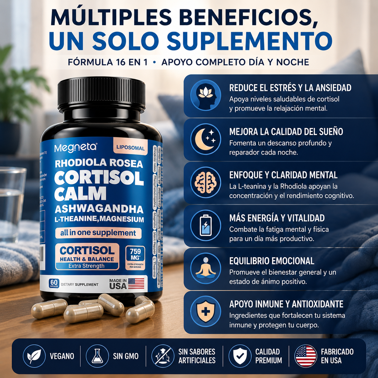 MEGNETA CORTISOL CALM 16 EN 1 X60 — CALMA, ENFOQUE Y DESCANSO  😌🌙⚡