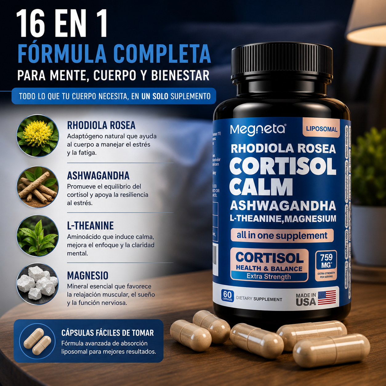 MEGNETA CORTISOL CALM 16 EN 1 X60 — CALMA, ENFOQUE Y DESCANSO  😌🌙⚡