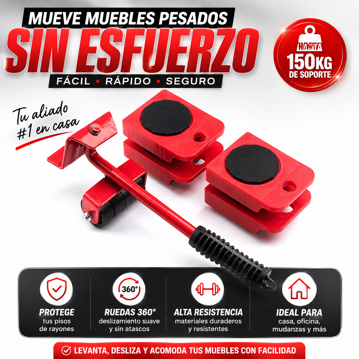KIT ELEVADOR DE MUEBLES 360° - MUEVE COSAS PESADAS SIN ESFUERZO 😱🔥 ENVÍO GRATIS