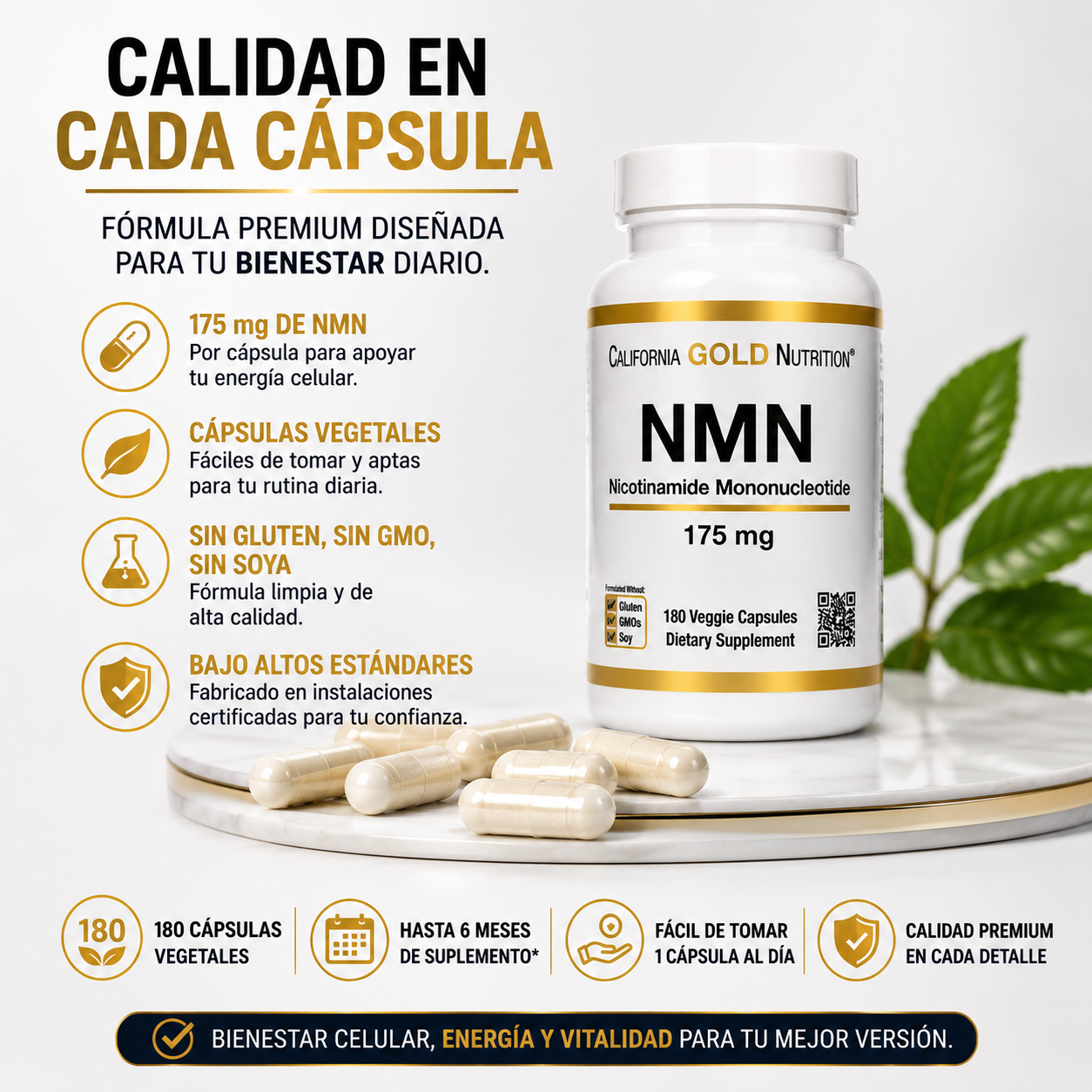 NMN Gold Nutrition® | Energía Celular Premium 60 Cápsulas ⚡✨ ¡Recupera tu Vitalidad con Envío Gratis!