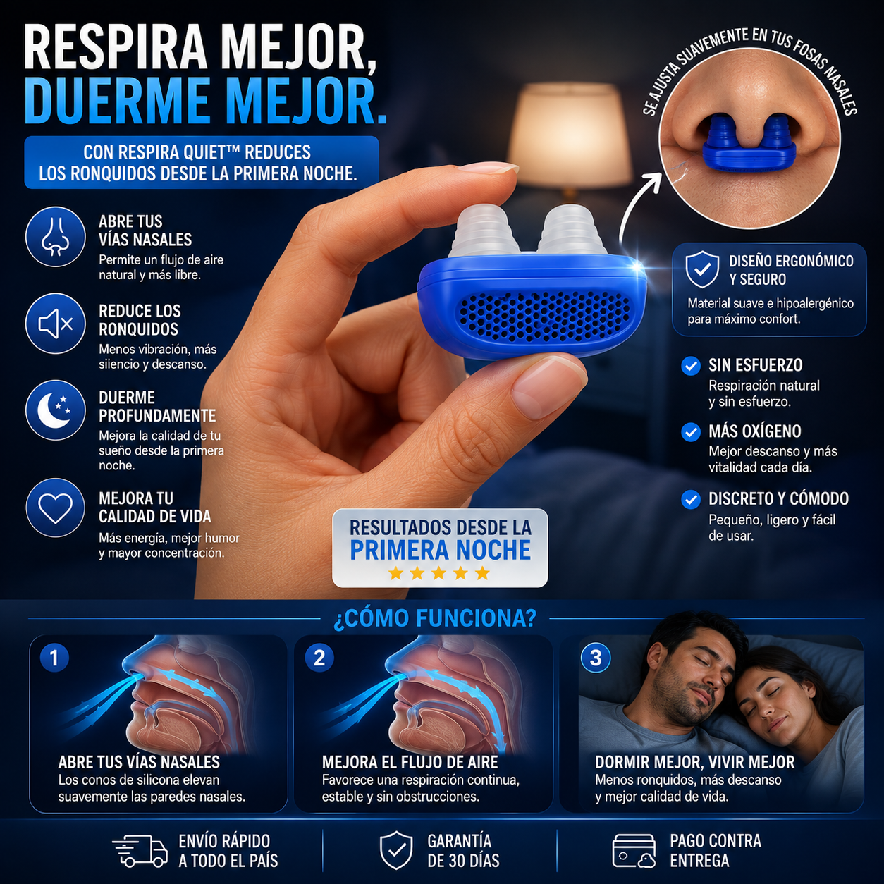 RESPIRA QUIET™ – DISPOSITIVO ANTI RONQUIDOS REUTILIZABLE 😴💙 NOCHES MÁS TRANQUILAS