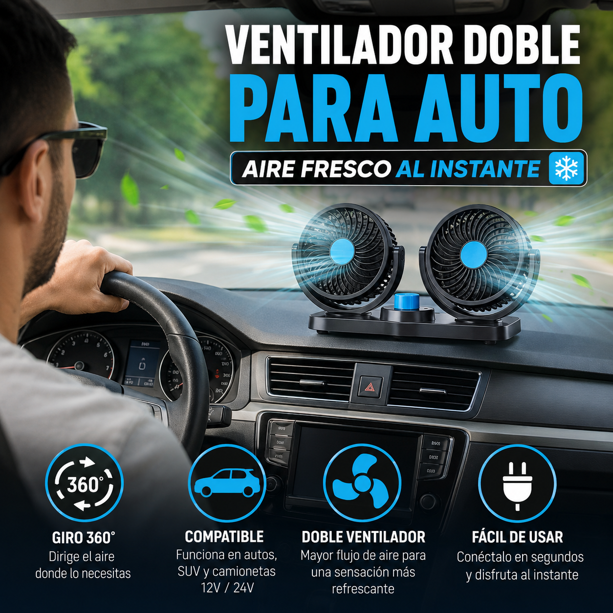 VENTIFLOW™ Doble Ventilador 360° Para Auto 🚗❄️ ¡Maneja Fresco y Cómodo Todo el Camino!