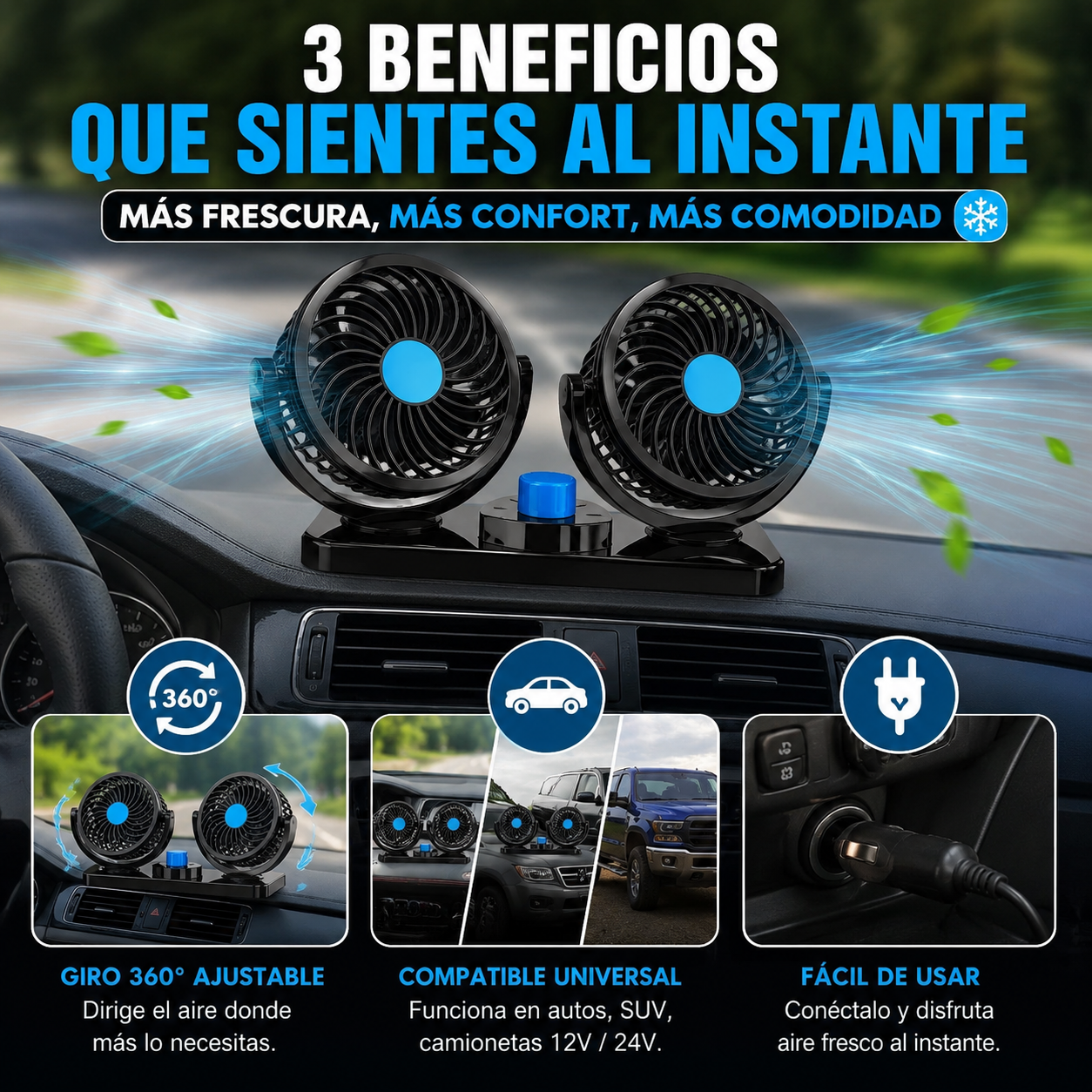 VENTIFLOW™ Doble Ventilador 360° Para Auto 🚗❄️ ¡Maneja Fresco y Cómodo Todo el Camino!