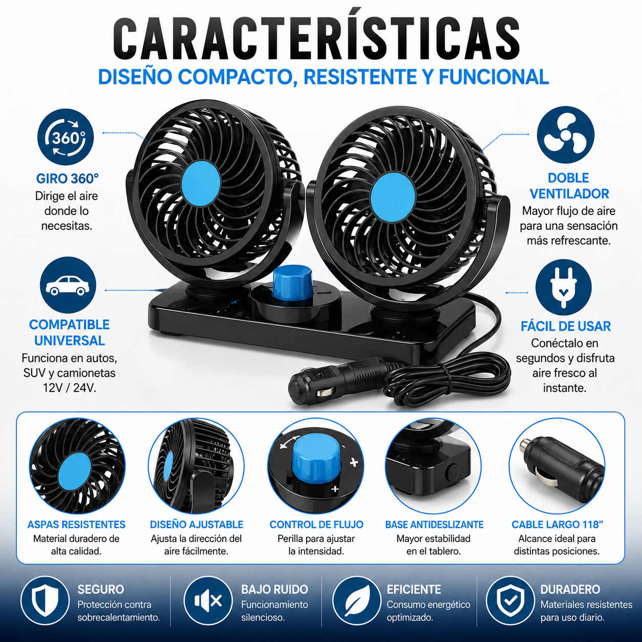 VENTIFLOW™ Doble Ventilador 360° Para Auto 🚗❄️ ¡Maneja Fresco y Cómodo Todo el Camino!