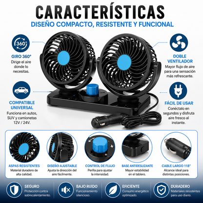 VENTIFLOW™ Doble Ventilador 360° Para Auto 🚗❄️ ¡Maneja Fresco y Cómodo Todo el Camino!