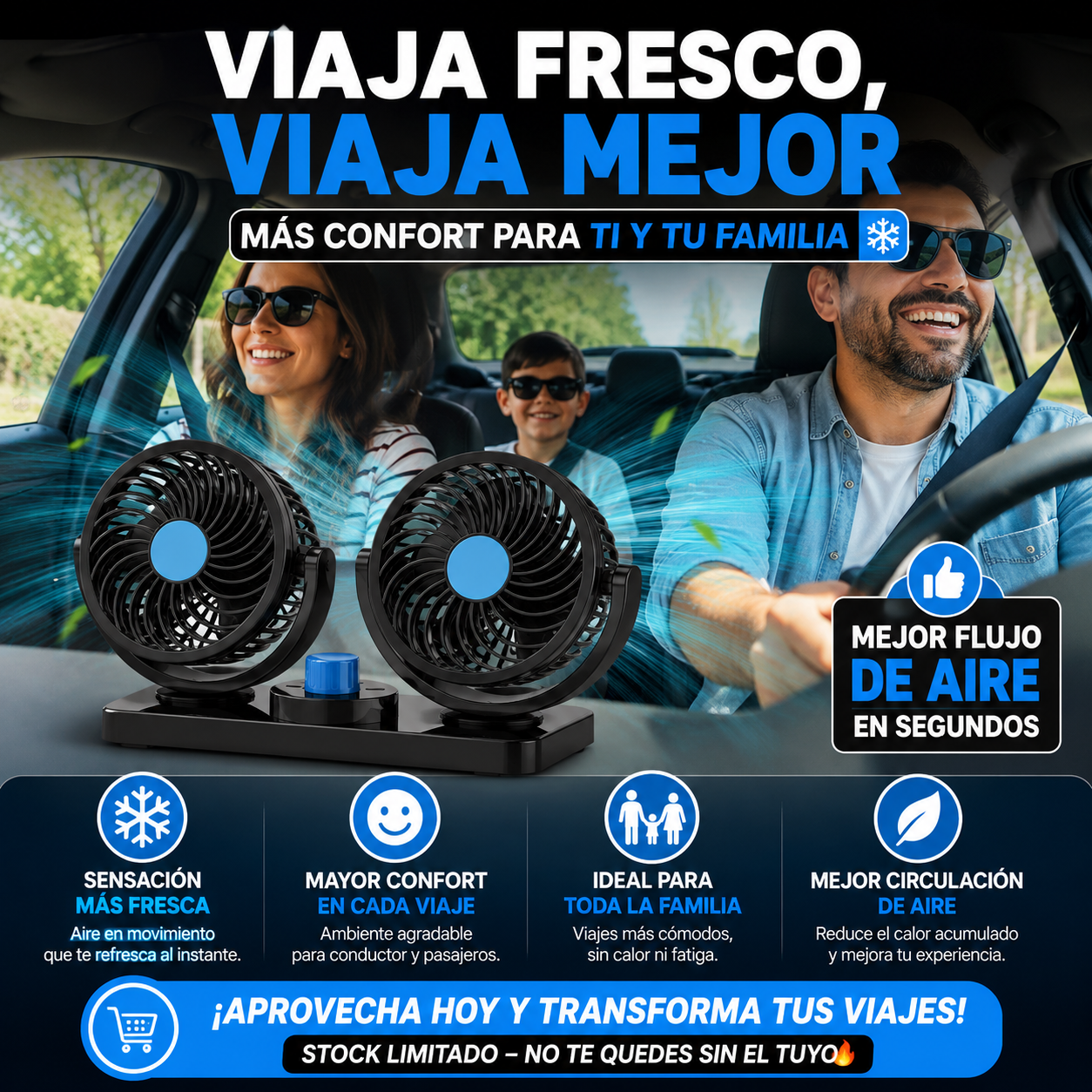 VENTIFLOW™ Doble Ventilador 360° Para Auto 🚗❄️ ¡Maneja Fresco y Cómodo Todo el Camino!