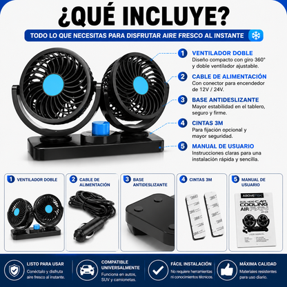 VENTIFLOW™ Doble Ventilador 360° Para Auto 🚗❄️ ¡Maneja Fresco y Cómodo Todo el Camino!